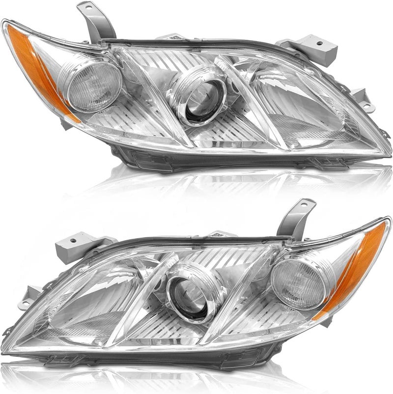 AS 2007 2008 2009 Toyota Camry Headlight Assembly Headlamps for 07 08 09 Camry Exclude Hybrid Projector Left and Right Pair - Chrome Housing Clear Lens - Image 1